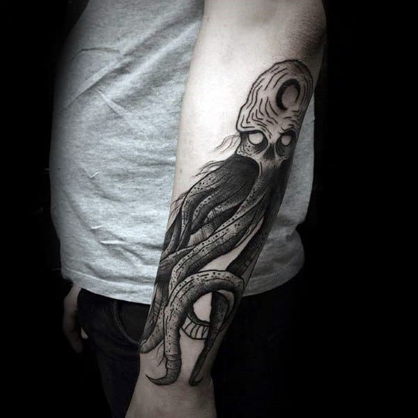 Outer Forearm Tattoo Of Kraken Sea Monster On Male