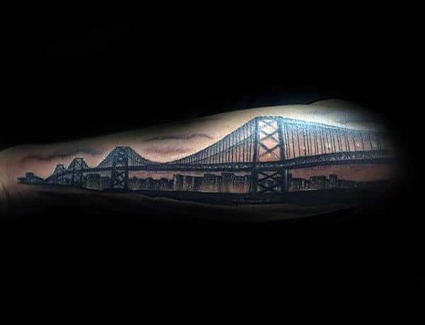 Outer Forearm Tattoo On Guy With Golden Gate Bridge Black Ink Design