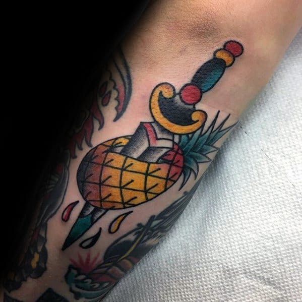 Outer Forearm Traditional Dagger Pineapple Tattoos For Gentlemen
