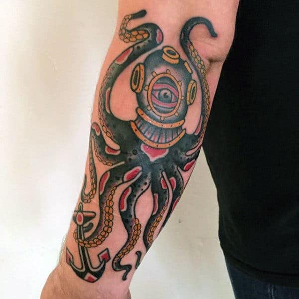 Outer Forearm Traditional Octopus Guys Tattoo Design Ideas
