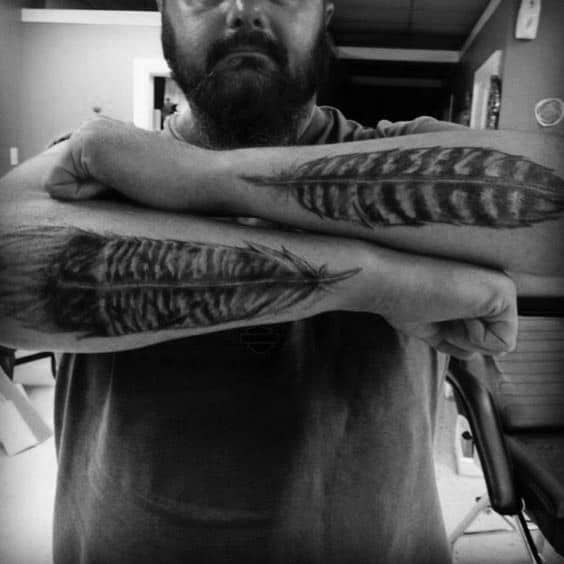 Outer Forearm Turkey Feather Tattoos For Men