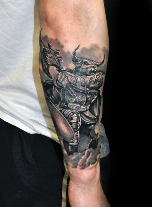 Outer Forearm Watercolor Artistic Male Minotaur Tattoo Ideas