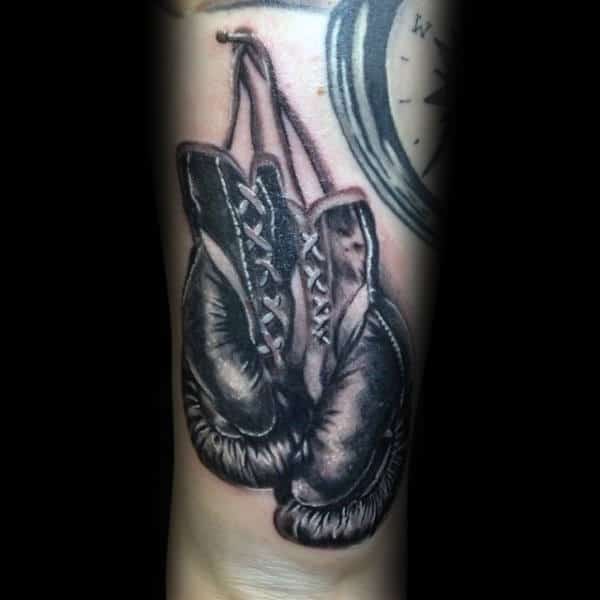Outer Forearms Boxing Gloves Shaded Tattoo On Gentleman