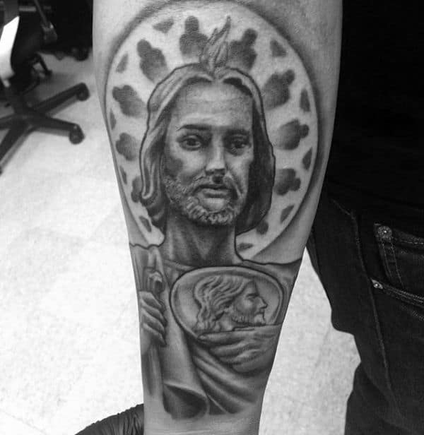 Outer Forearms Guys St Jude Tattoo With Black And Grey Design