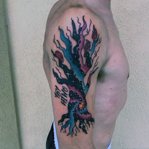 Outer Space Abstract Tree With Red Cardinal Birds Mens Arm Tattoo