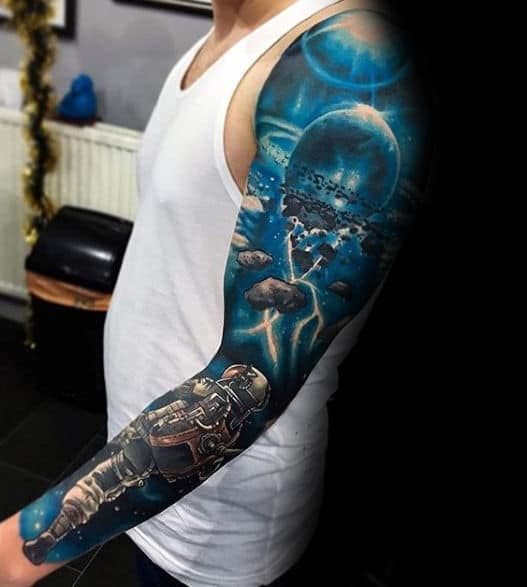 Outer Space Blue Ink Astronaut Mens Full Sleeve 3d Tattoos