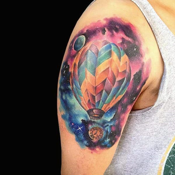 Outer Space Guys Hot Air Balloon Upper Arm Tattoos