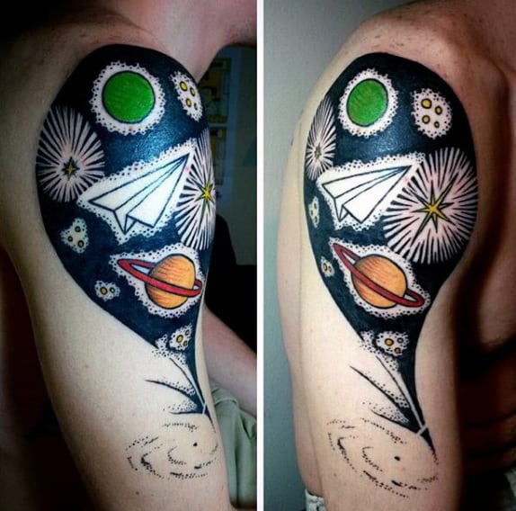 Outer Space Mens Half Sleeve Paper Airplane Tattoo Designs