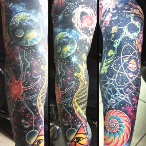 Outer Space Molecule Science Tattoo For Men Full Sleeve In Color