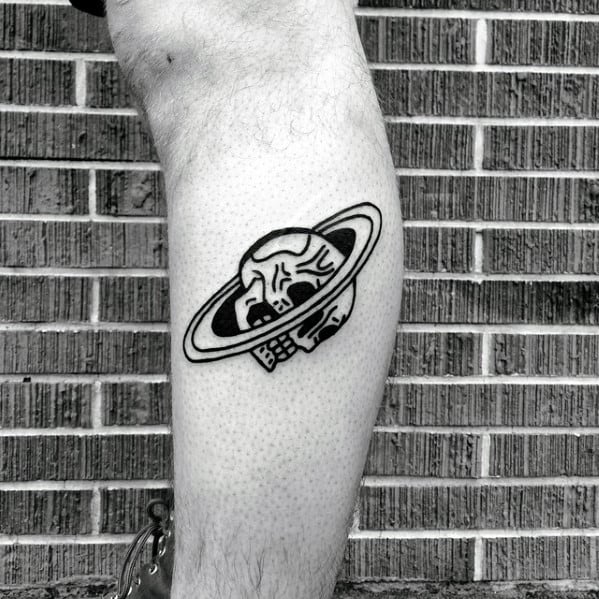 Outer Space Planet Rings With Skull Mens Simple Leg Tattoo