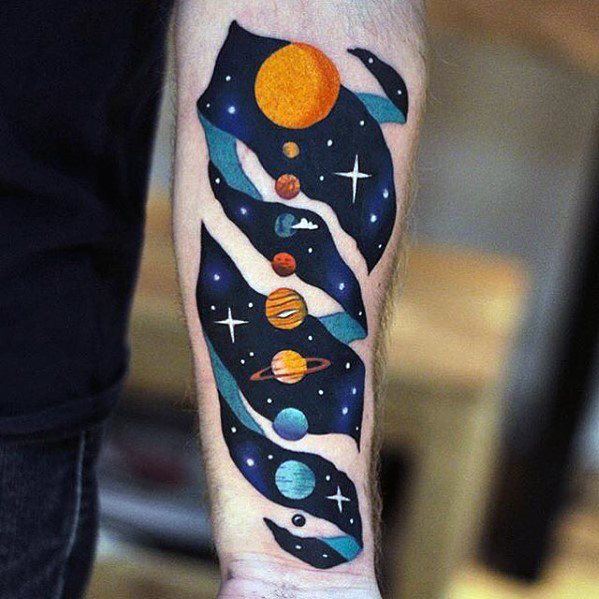Colorful solar system tattoo on a forearm, featuring planets and stars