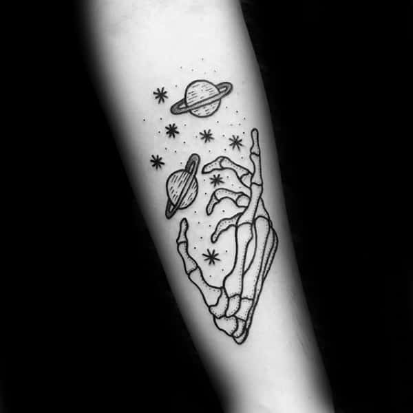 Outer Space Skeleton Hand Planets Tattoos For Men On Inner Forearm