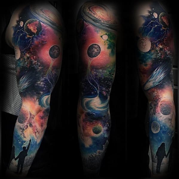 Outer Space Sleeve Different Guys Colorful Sky Tattoo Design Ideas