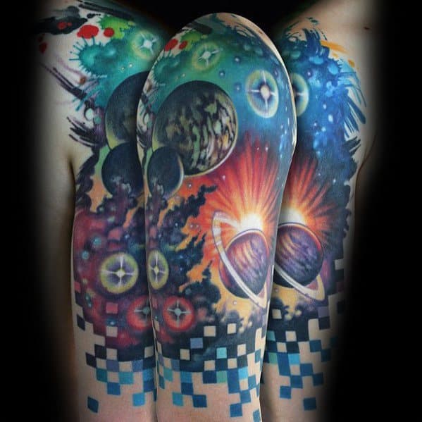 Outer Space Themed Half Sleeve Mens Tattoo Ideas With Pixel Design