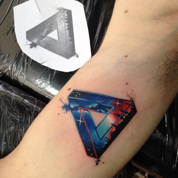 Outer Space Themed Inner Arm Bicep Guys Tattoos With Penrose Triangle Design