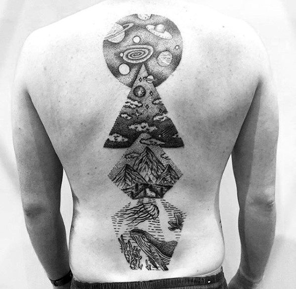 Outer Space With Nature Ocean Guys Unique Back Tattoo