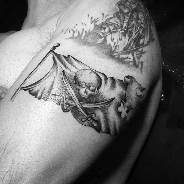 Outer Upper Arm Guys Pirate Flag Shaded Black And Grey Ink Tattoo