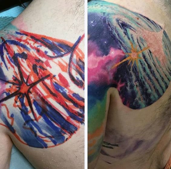 A shoulder tattoo before and after a colorful cover-up transformation