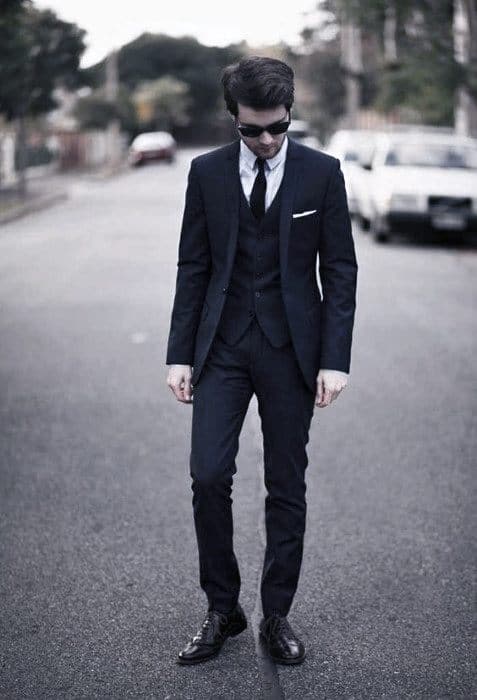 Outfit Fashion For Men Navy Blue Suit Brown Shoess