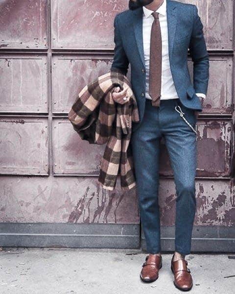 Outfit Fashion Ideas For Guys With Navy Blue Suit Brown Shoes