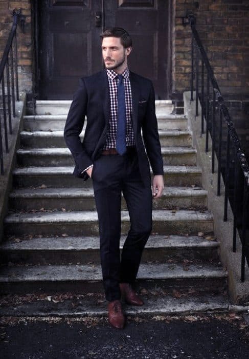 Outfits For Guys Navy Blue Suit Brown Shoes Checkered Dress Shirt Styles