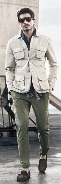 Outfits For Men Fall Wear Cream Jacket With Green Olive Pants