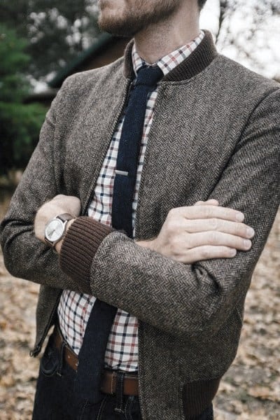 Outfits For Men With Casual Wear Look Checkered Shirt With Skinny Tie And Charcoal Jacket