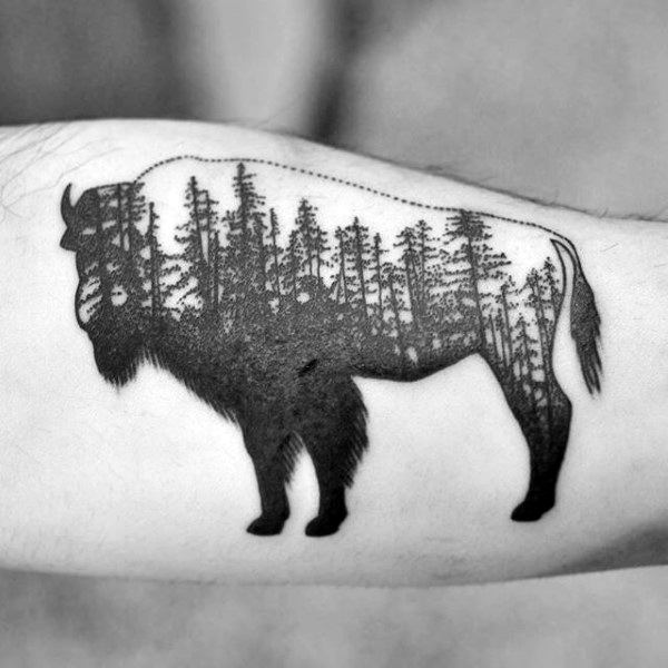 Outline Bison With Pine Tree Forest Mens Arm Tattoo