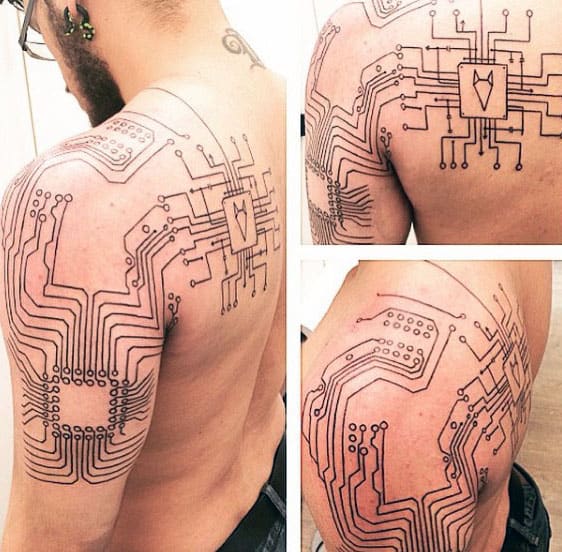 Outline Black Ink Circuit Board Mens Tattoos On Back And Shoulder
