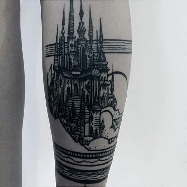 Outline Black Ink Mens Leg Castle Tattoo