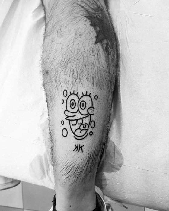 Minimalist black line tattoo of SpongeBob's face surrounded by bubbles with initials "ЖК" below, placed on the calf.