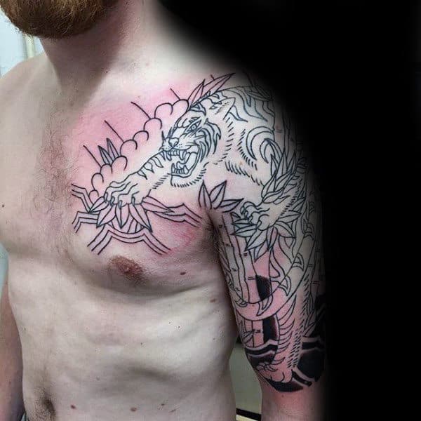 Outline Japanese Half Sleeve Bamboo Tiger Tattoos On Man