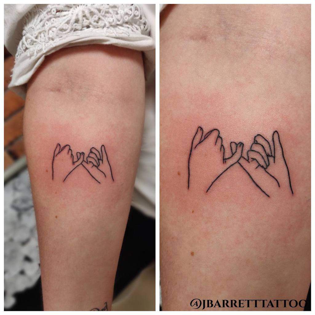 Two forearm tattoos of pinky promises featuring simple line drawings of intertwined pinky fingers