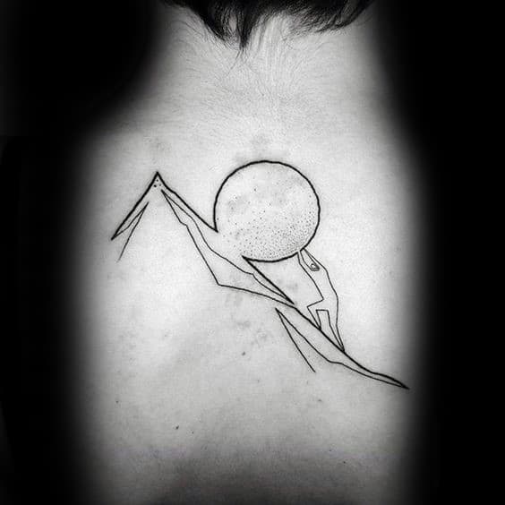 Minimalist Sisyphus back tattoo with clean linework, showing a figure pushing a dotted boulder up a geometric mountain slope.