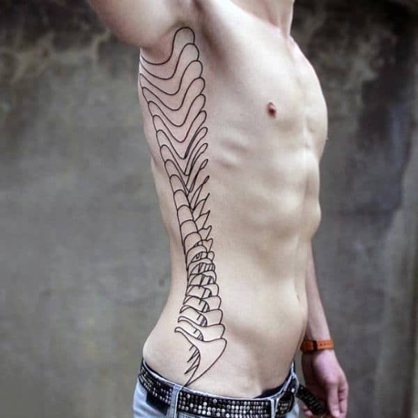 Outline Spinal Cord Black Ink Tattoo On Mans Rib Cage Side Of Body