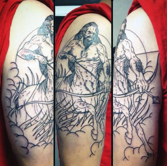 Outline Tattoo For Men Sagittarius Half Horse Half Human Upper Arm Design