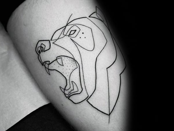 Minimalist geometric tattoo of a roaring bear, created with clean, thin black lines and abstract angular shapes for a modern look.