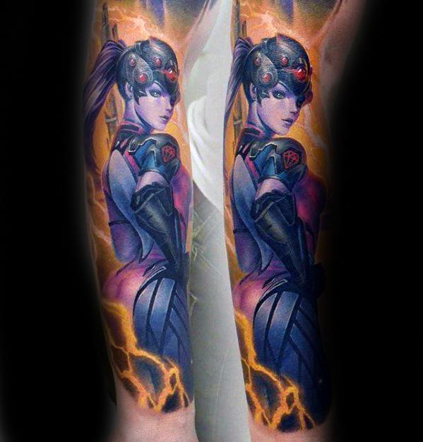 Realistic forearm tattoo of Widowmaker from Overwatch, featuring vivid purple tones, glowing eyes, and lightning effects.
