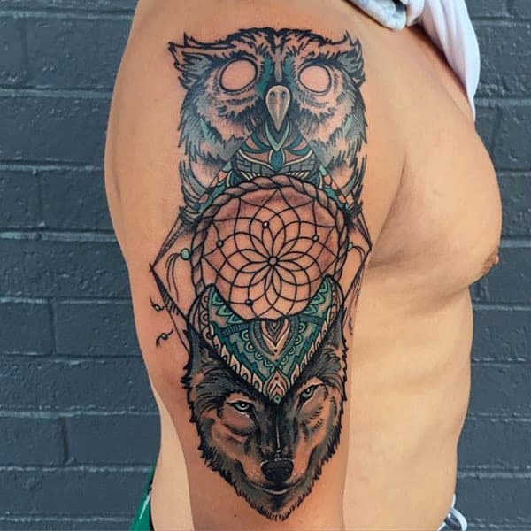 Owl And Owl Cool Dreamcatcher Half Sleeve Guys Tattoos