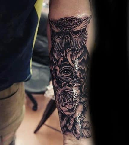 Owl And Rose Illuminati Tattoo Male Forearms