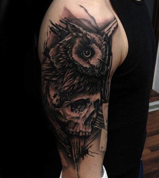 Owl And Skull Half Sleeve Black Ink Animal Guys Tattoos