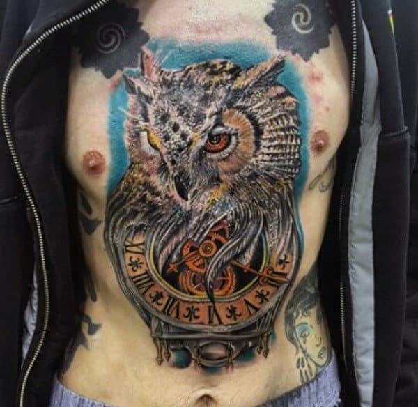 Owl Clock Chest Awesome Male Tattoo Inspiration