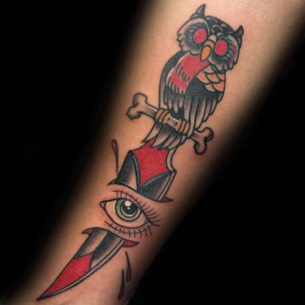 Owl Dagger With Eye Male Inner Forearm Traditional Tattoo Ideas