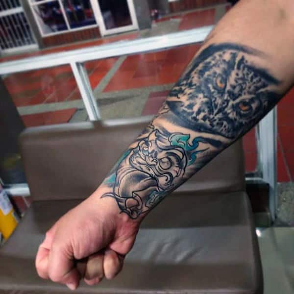 Owl Daruma Doll Watercolor Mens Forearm Sleeve Tattoos
