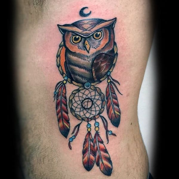 Owl Dreamcatcher Ribs Mens Tattoo Design