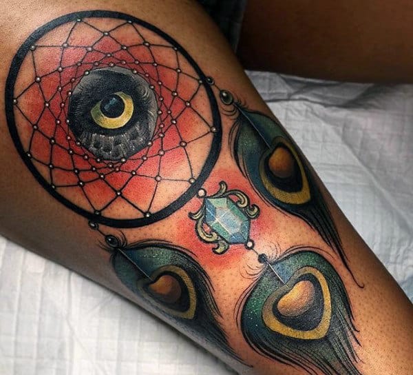 Owl Eye Shaded Peacock Dreamcatcher Mens Leg Thigh Tattoo