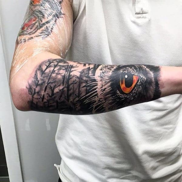 Owl Eye Tree Sleeve Watercolor Mens Forearm Tattoo