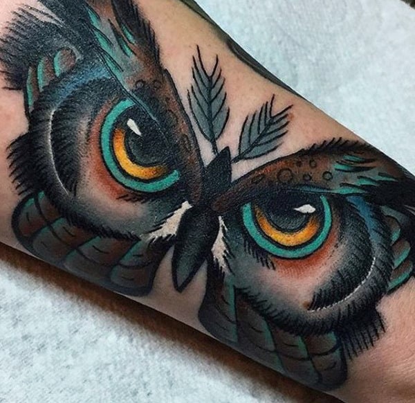 Owl Eyes Moth Mens Forearm Tattoo