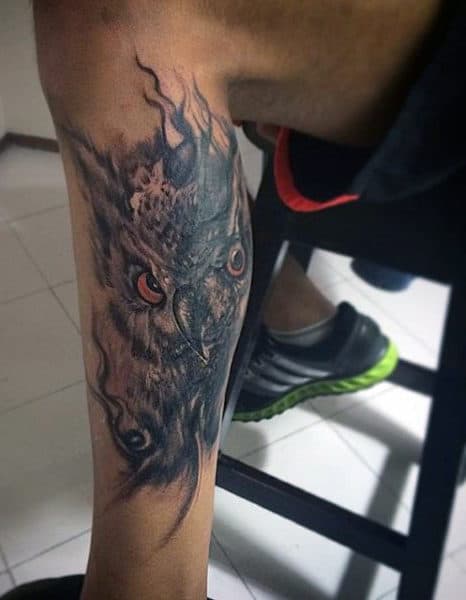 Owl Feather Tattoo For Males On Back Of Leg Calf