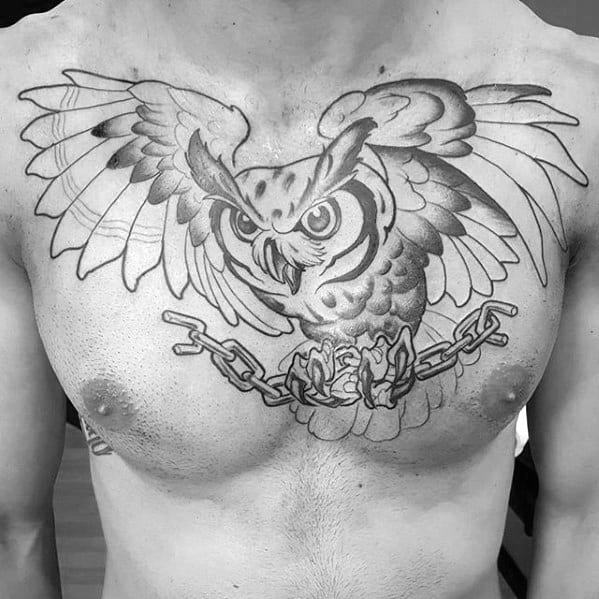 Owl Flying With Chains Different Mens Shaded Chest Tattoo